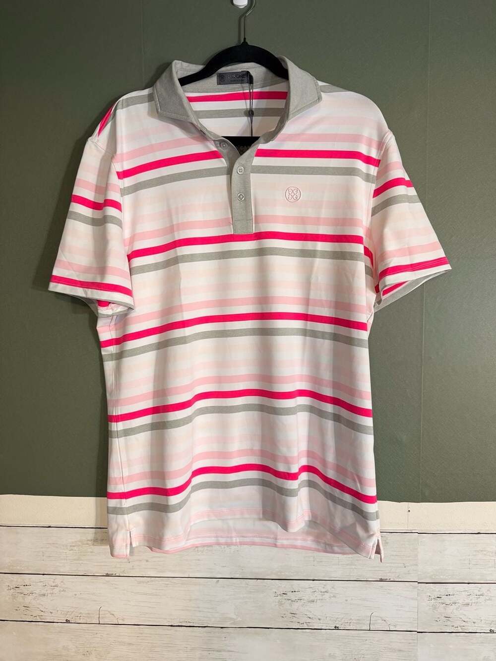 G/FORE Mens Camo Stripe Performance Polo Shirt Cameo Pink Grey NWT Large